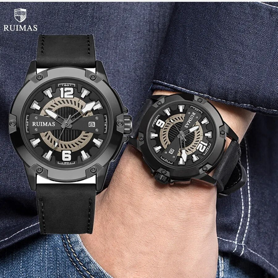 RUIMAS Luxury Men Watches Leather Strap Sport Casual Wristwatches Waterproof Luminous Date Clock Big Dial Montre Homme 302-0
