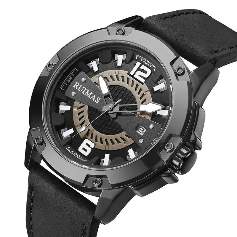 RUIMAS Luxury Men Watches Leather Strap Sport Casual Wristwatches Waterproof Luminous Date Clock Big Dial Montre Homme 302-6