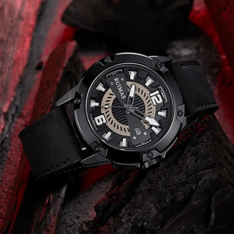 RUIMAS Luxury Men Watches Leather Strap Sport Casual Wristwatches Waterproof Luminous Date Clock Big Dial Montre Homme 302-4