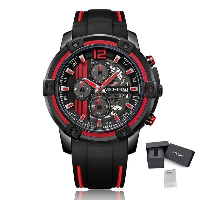 MEGIR Chronograph Mens Sport Watches with Silicone Band Big Dial Military Quartz Watch Men Clock Relogio Masculino Reloj Hombre 2097-14
