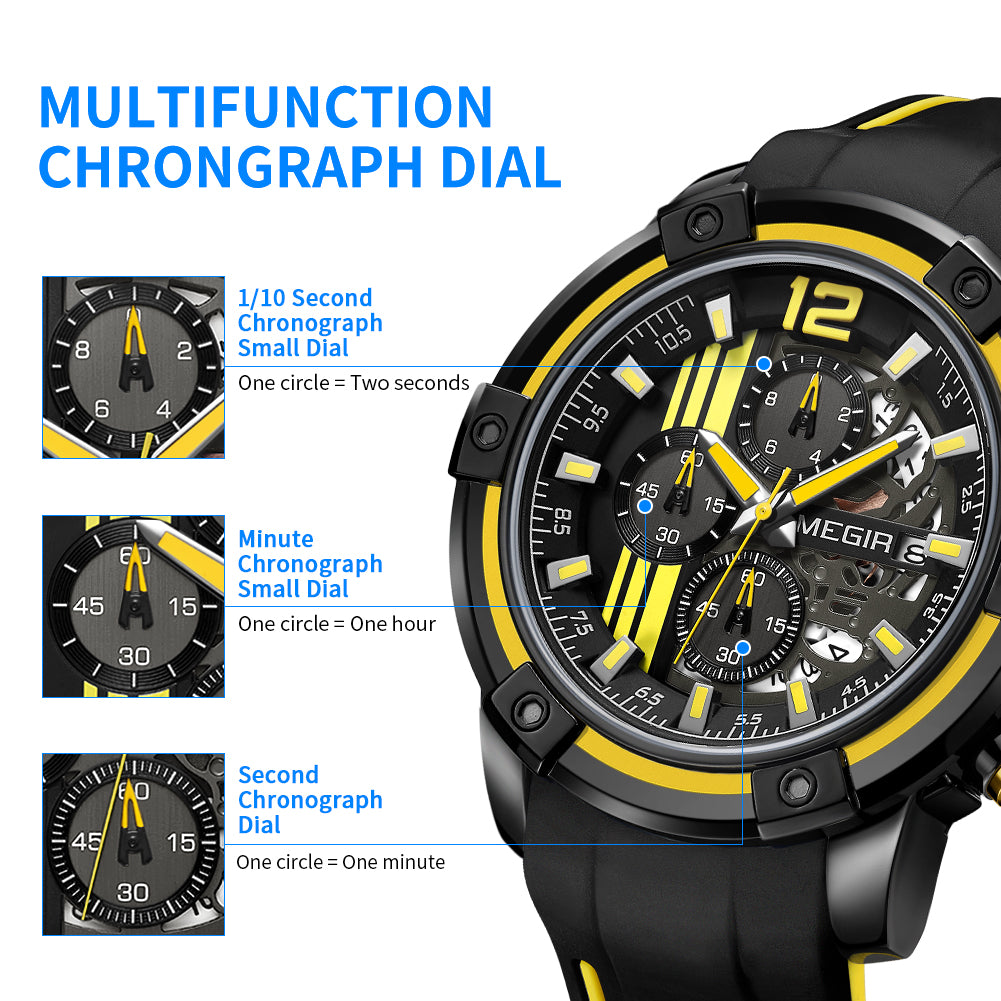MEGIR Chronograph Mens Sport Watches with Silicone Band Big Dial Military Quartz Watch Men Clock Relogio Masculino Reloj Hombre 2097-6