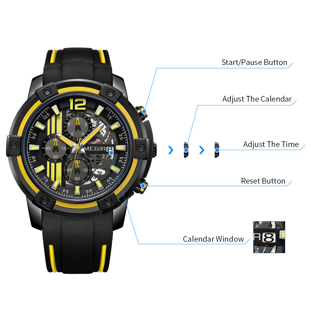 MEGIR Chronograph Mens Sport Watches with Silicone Band Big Dial Military Quartz Watch Men Clock Relogio Masculino Reloj Hombre 2097-7