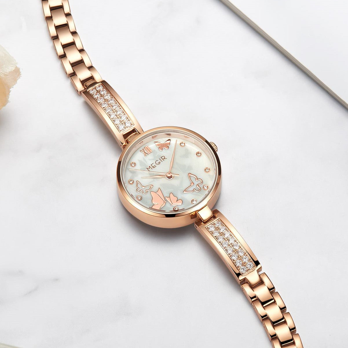MEGIR Watch for Women Luxury Diamond Ladies Quartz Wristwatches Steel Women Bracelet Watches Female Dress Clock Relogio Feminino 7018-6