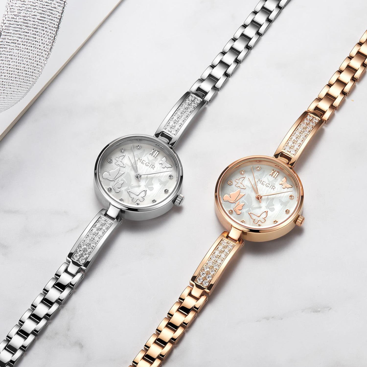 MEGIR Watch for Women Luxury Diamond Ladies Quartz Wristwatches Steel Women Bracelet Watches Female Dress Clock Relogio Feminino 7018-8