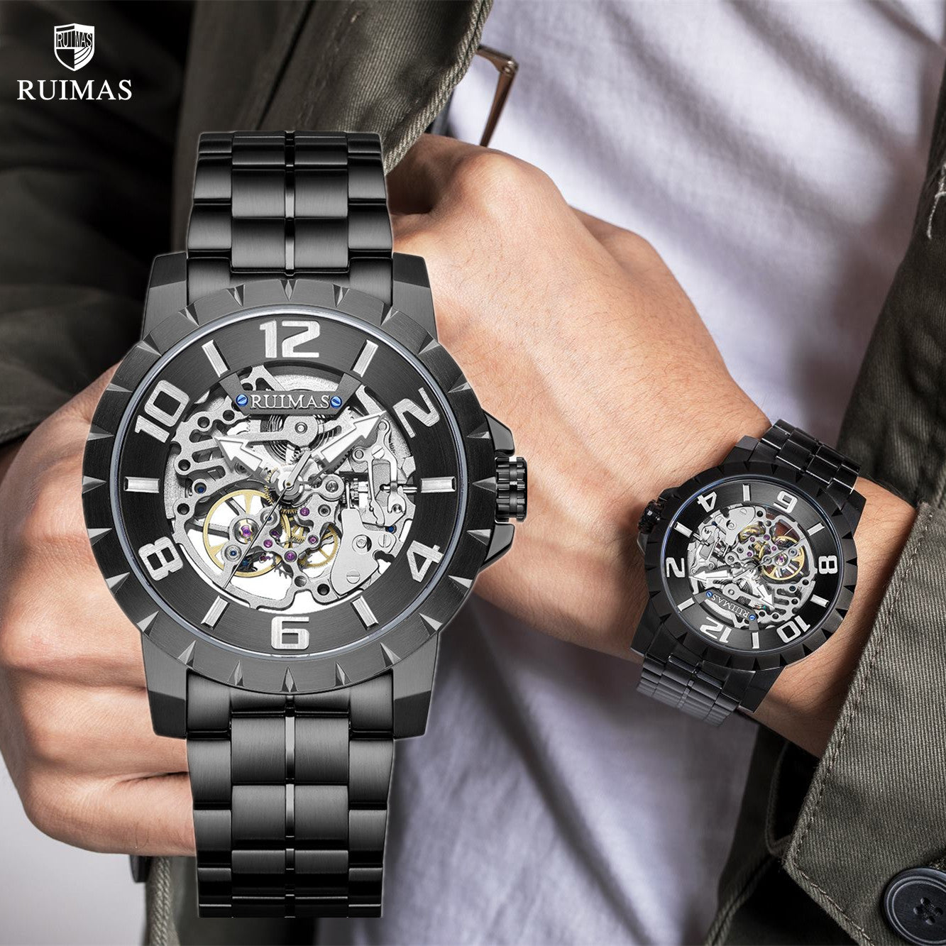 RUIMAS Men Mechanical Watch Luxury Automatic Stainless Steel Bracelet Wristwatches 5ATM Waterproof Clock Relogio Masculino 6784-0