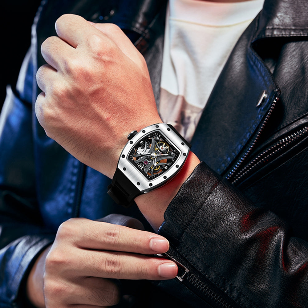 MEGIR Skeleton Big Dial Men Mechanical Watch Fashion Luminous Automatic Movement Wristwatch Stainless Steel Case Clock 9190-11-3