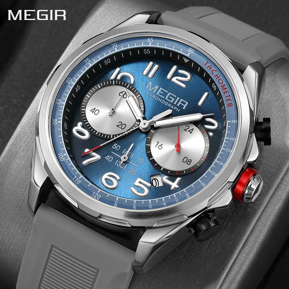 MEGIR Men Watches Luxury Quartz Wristwatch Gray Waterproof Military Sports Chronograph Silicone Strap Clock Montre Homme 2230-0