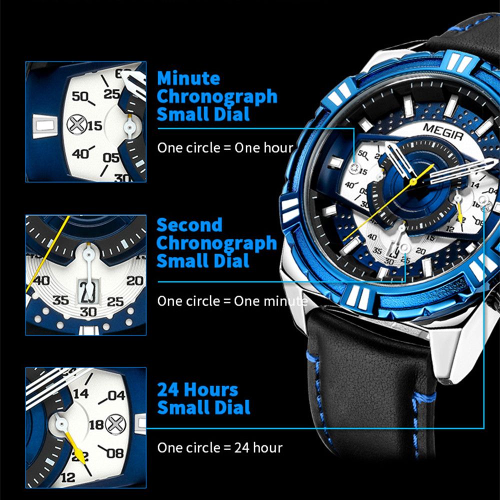 MEGIR Luxury Men Casual Sport Watch Leather Strap Quartz Wristwatch Waterproof Calendar Man Chronograph Clock Montre Homme 2118-9