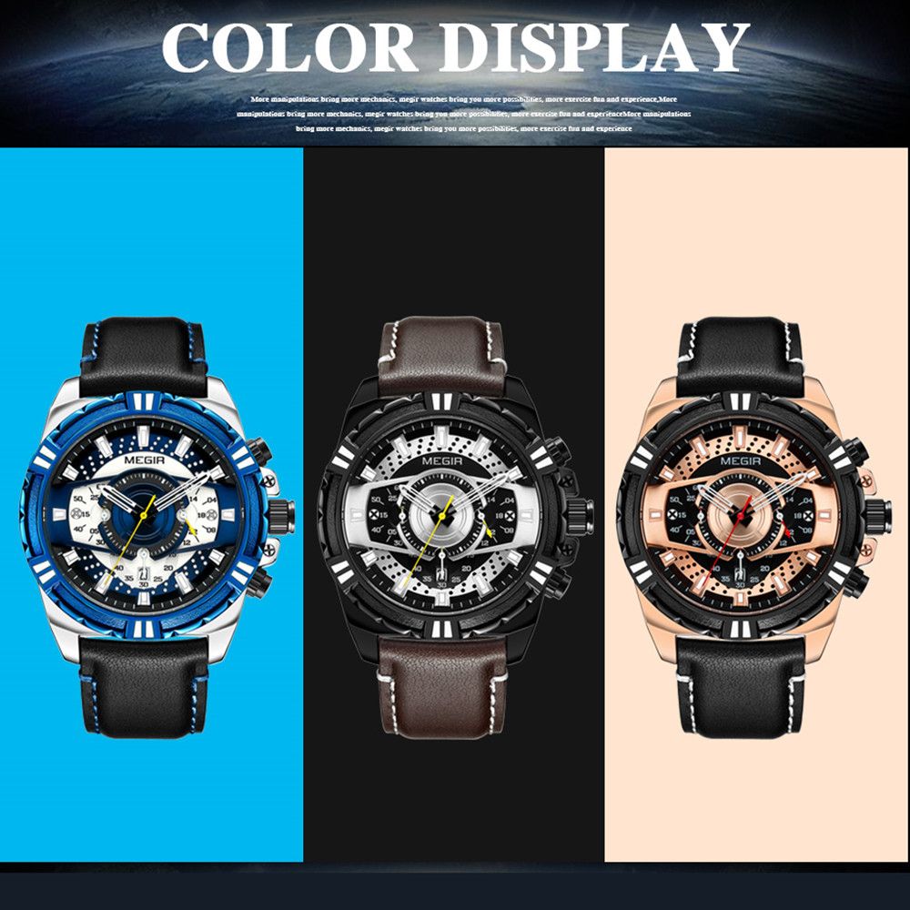 MEGIR Luxury Men Casual Sport Watch Leather Strap Quartz Wristwatch Waterproof Calendar Man Chronograph Clock Montre Homme 2118-8