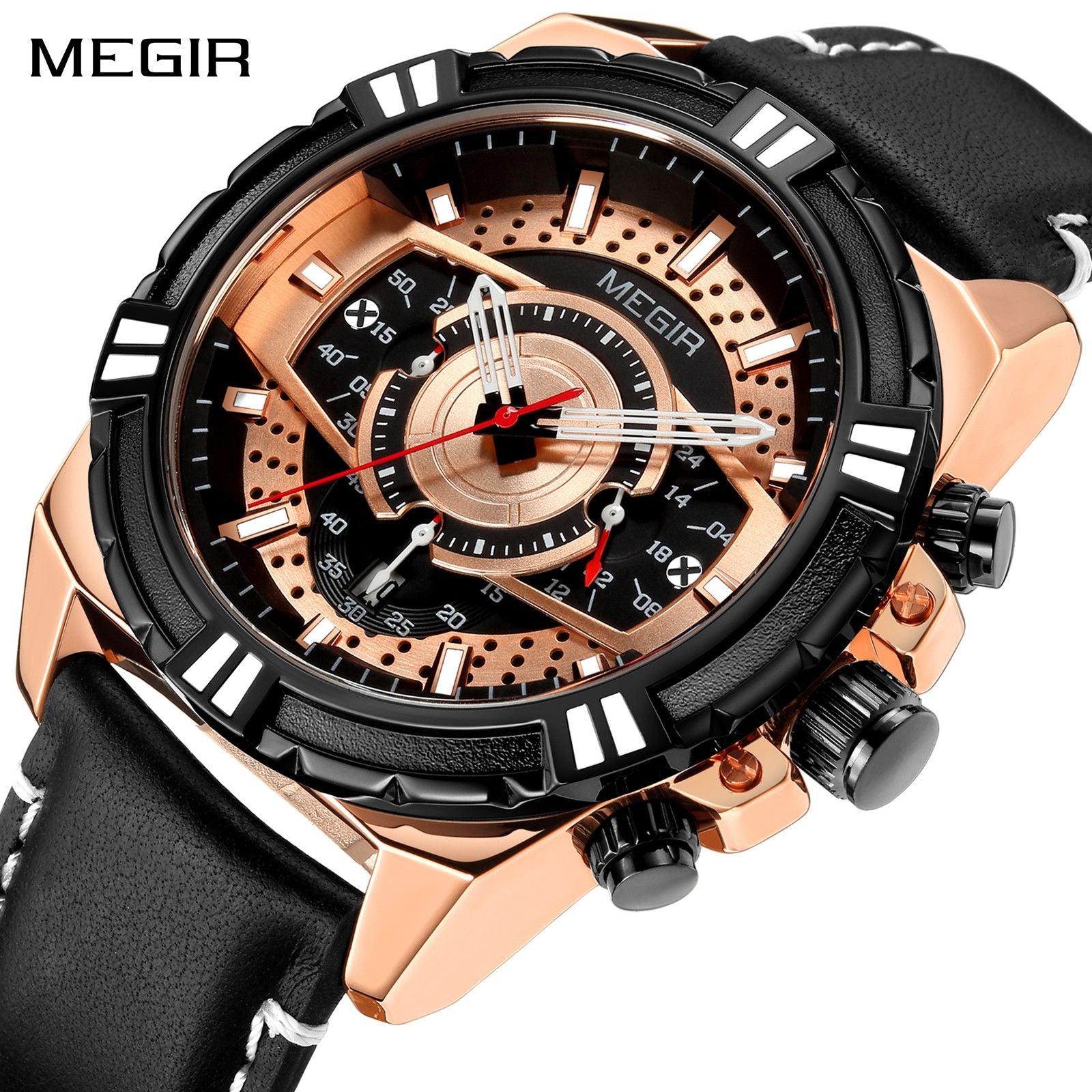 MEGIR Luxury Men Casual Sport Watch Leather Strap Quartz Wristwatch Waterproof Calendar Man Chronograph Clock Montre Homme 2118-0