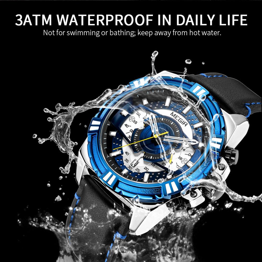 MEGIR Luxury Men Casual Sport Watch Leather Strap Quartz Wristwatch Waterproof Calendar Man Chronograph Clock Montre Homme 2118-6