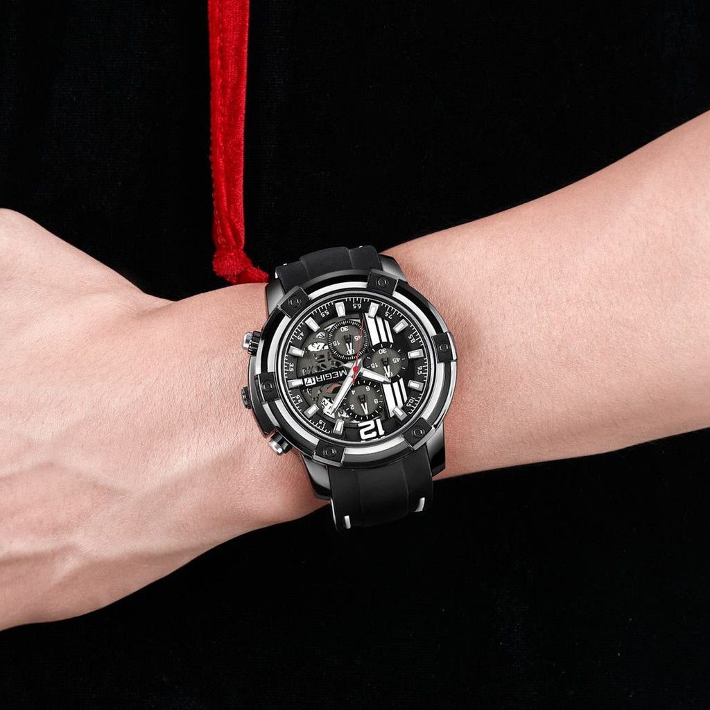 MEGIR Chronograph Mens Sport Watches with Silicone Band Big Dial Military Quartz Watch Men Clock Relogio Masculino Reloj Hombre 2097-3