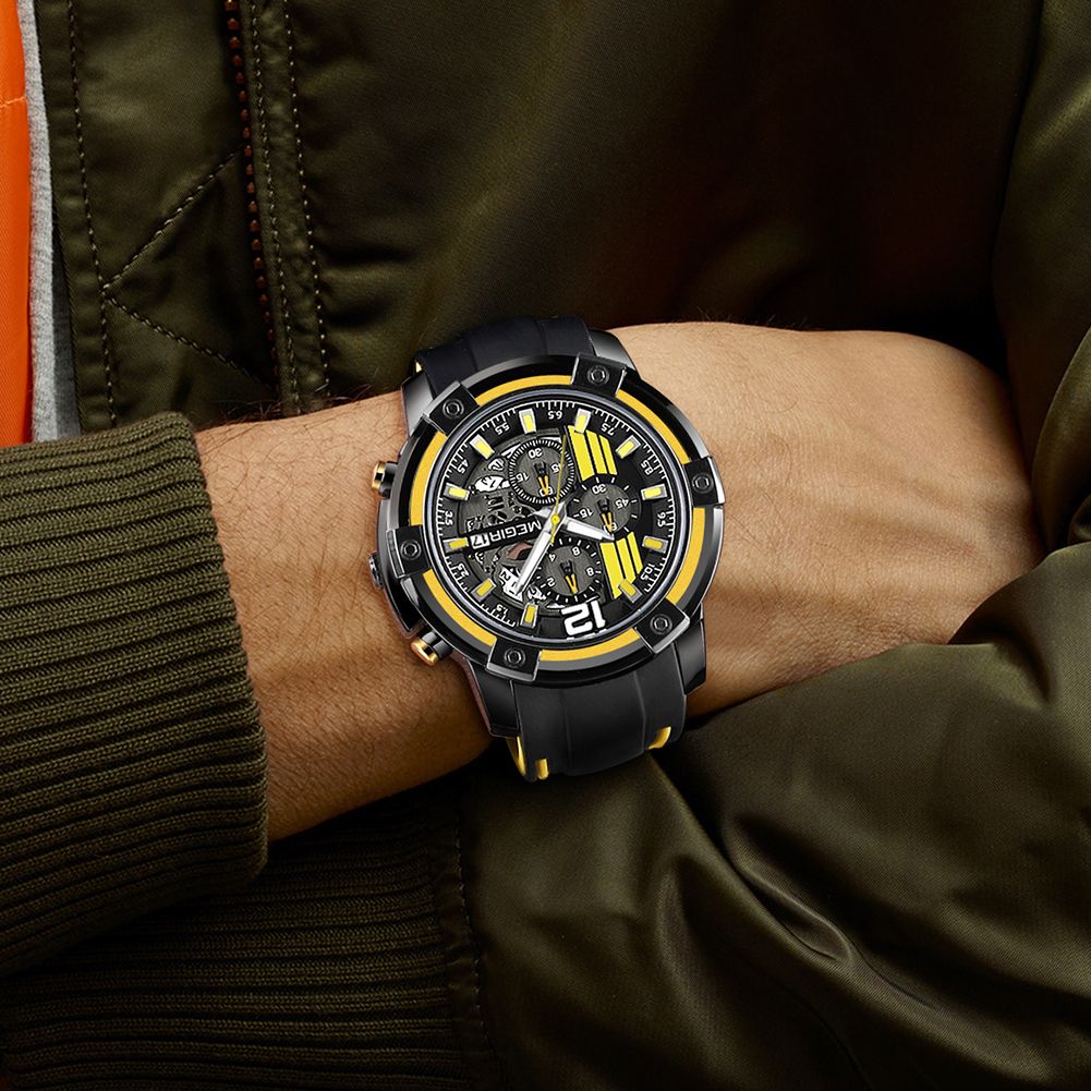 MEGIR Chronograph Mens Sport Watches with Silicone Band Big Dial Military Quartz Watch Men Clock Relogio Masculino Reloj Hombre 2097-1