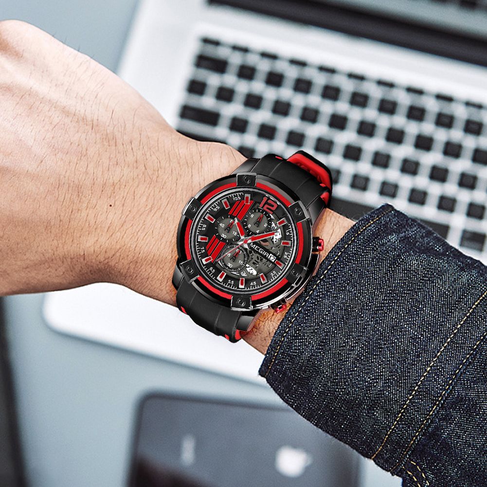 MEGIR Chronograph Mens Sport Watches with Silicone Band Big Dial Military Quartz Watch Men Clock Relogio Masculino Reloj Hombre 2097-2