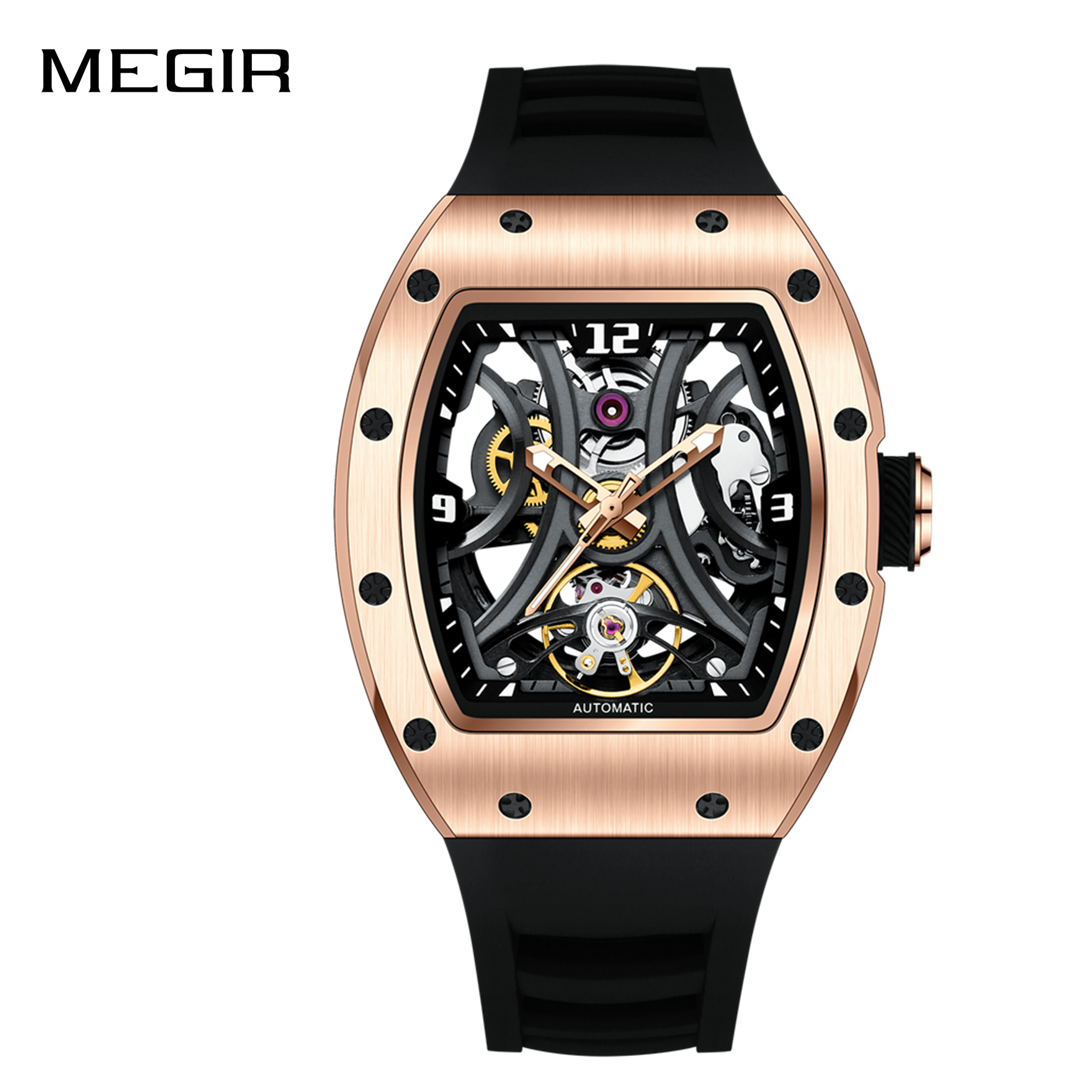 MEGIR Skeleton Big Dial Men Mechanical Watch Fashion Luminous Automatic Movement Wristwatch Stainless Steel Case Clock 9190-11-0