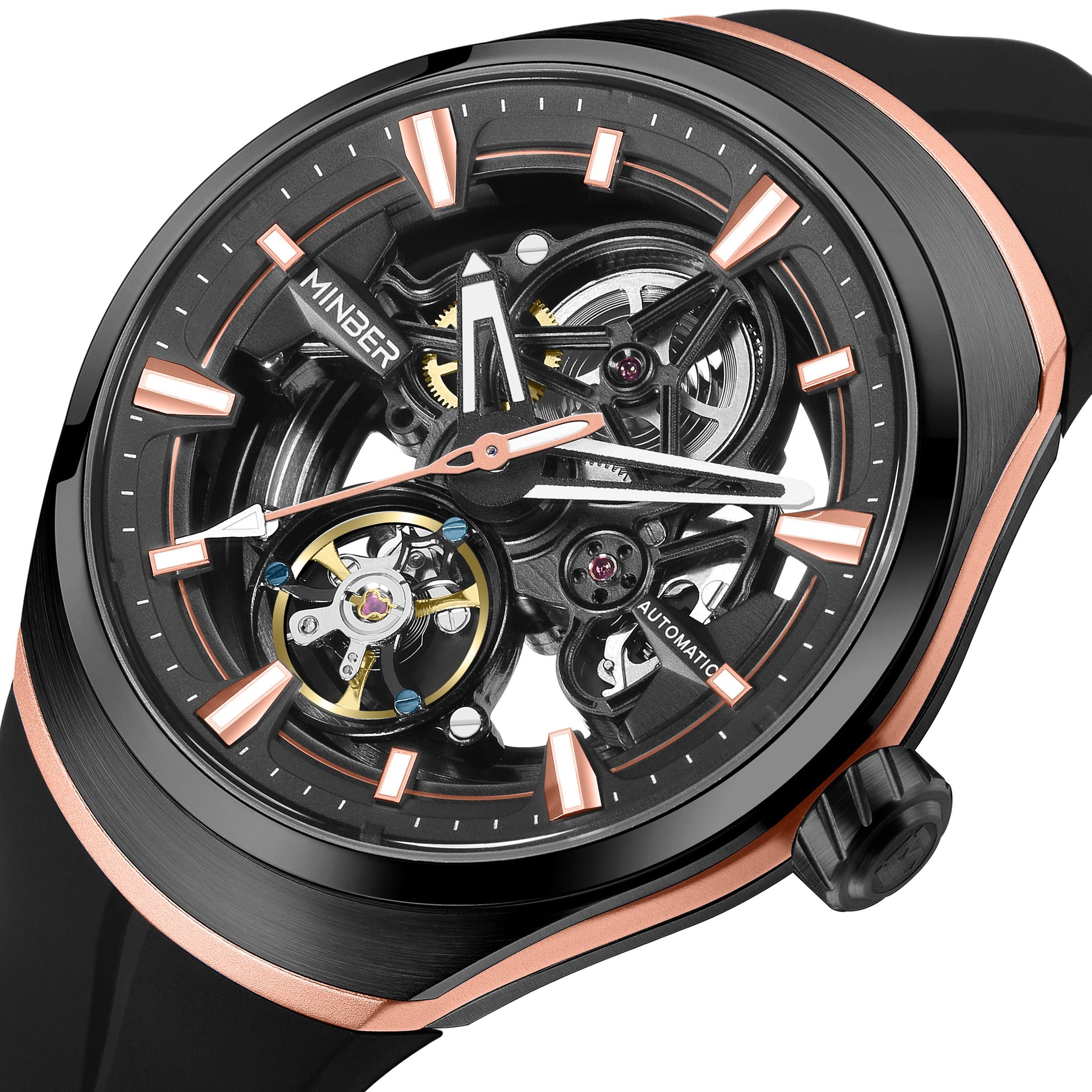 MINBER Skeleton Dial Mechanical Watches for Men Luxury Automatic Movement Sports Wristwatches Waterproof Reloj Hombre 6004G-3-10