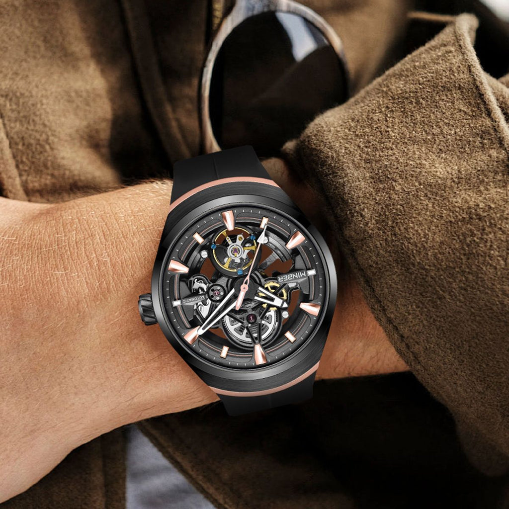 MINBER Skeleton Dial Mechanical Watches for Men Luxury Automatic Movement Sports Wristwatches Waterproof Reloj Hombre 6004G-3-4