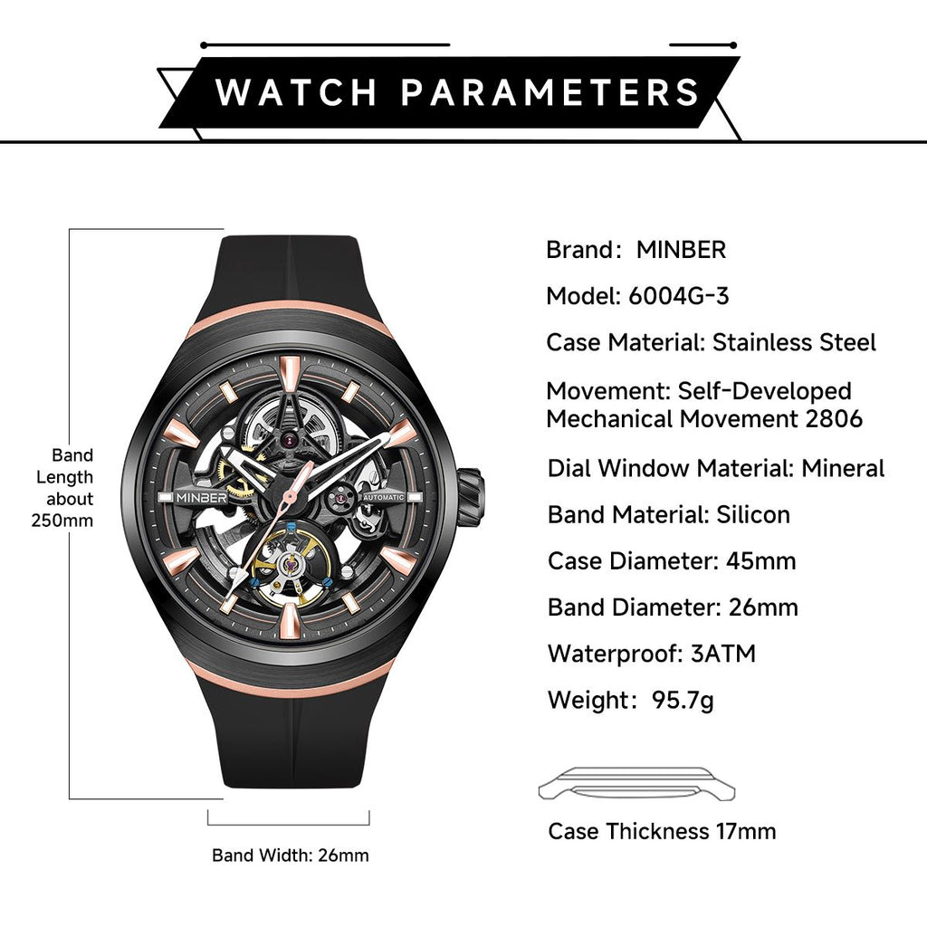 MINBER Skeleton Dial Mechanical Watches for Men Luxury Automatic Movement Sports Wristwatches Waterproof Reloj Hombre 6004G-3-7