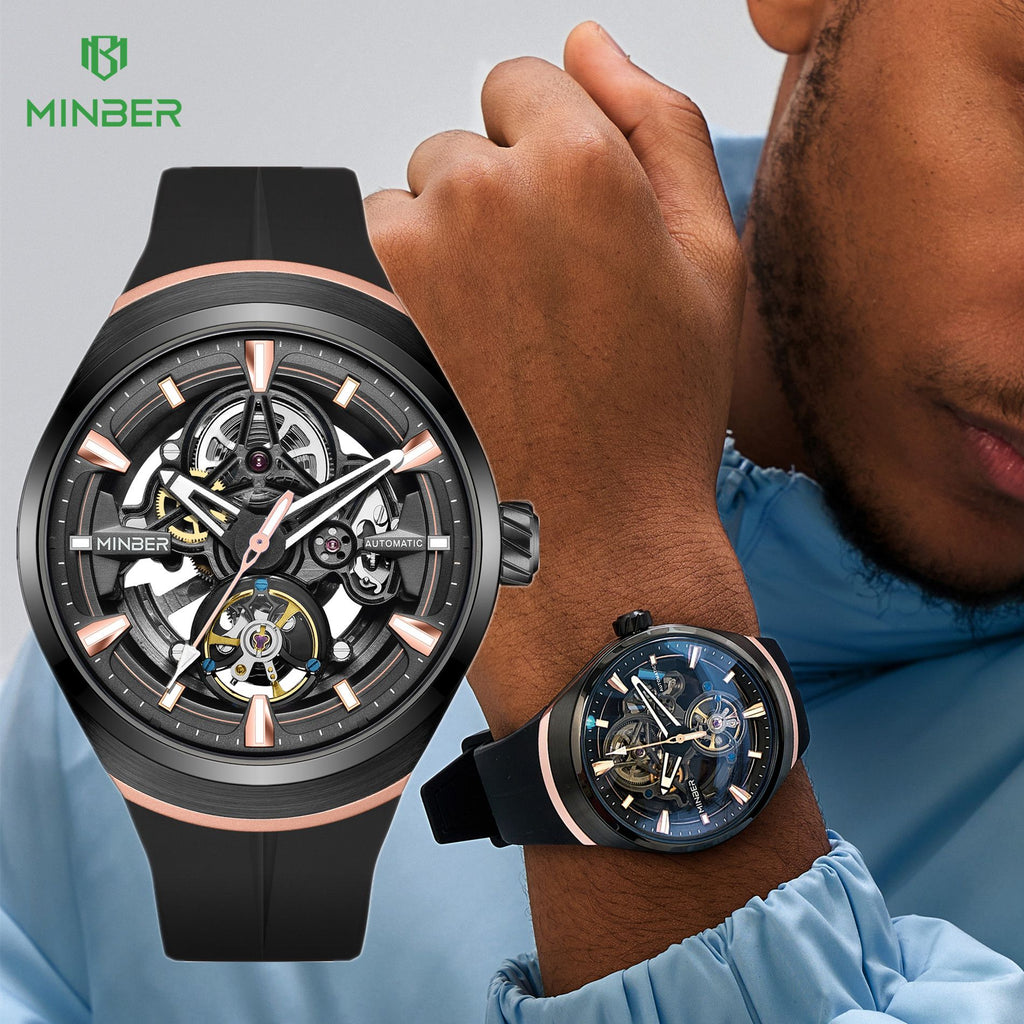 MINBER Skeleton Dial Mechanical Watches for Men Luxury Automatic Movement Sports Wristwatches Waterproof Reloj Hombre 6004G-3-0