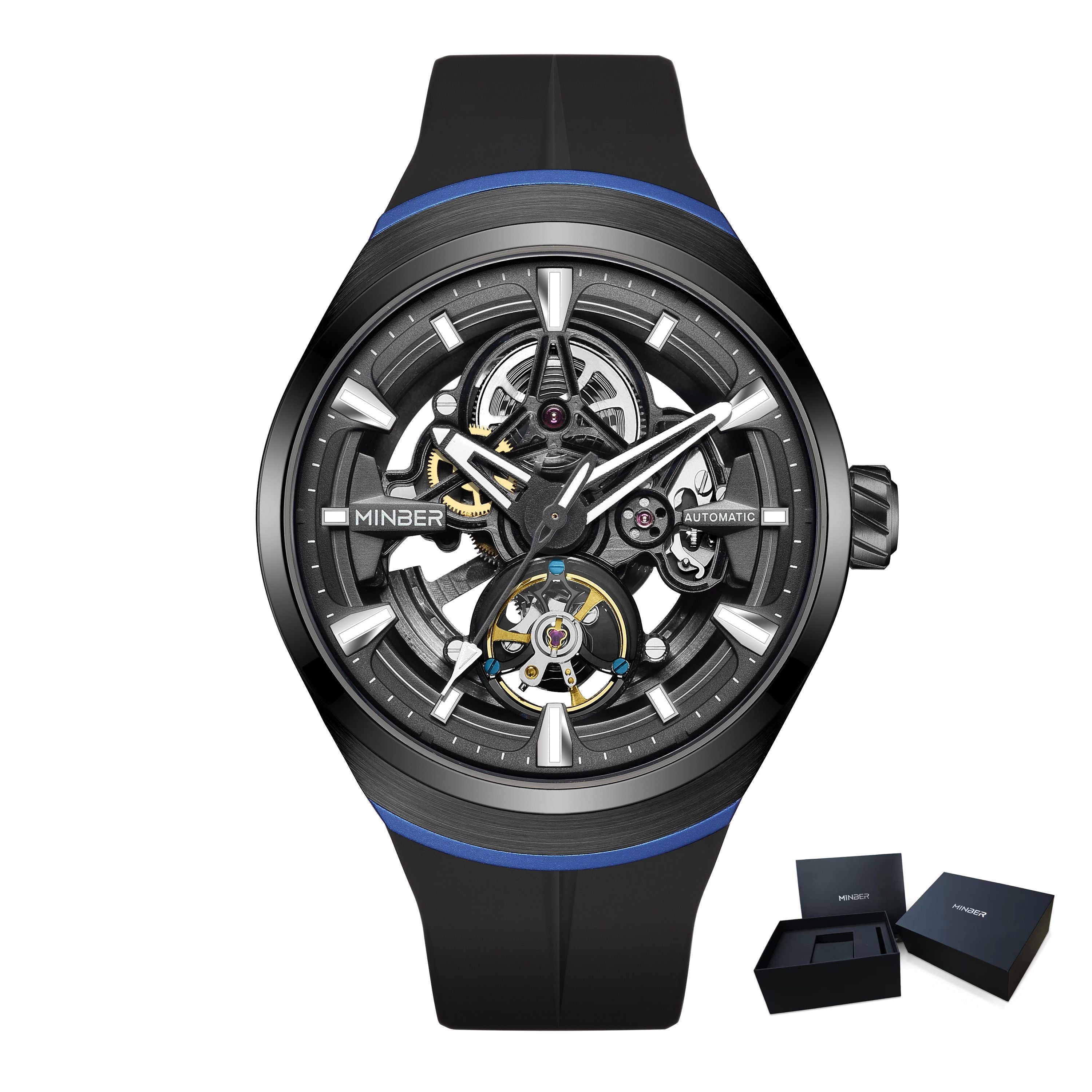 MINBER Skeleton Dial Mechanical Watches for Men Luxury Automatic Movement Sports Wristwatches Waterproof Reloj Hombre 6004G-3-15