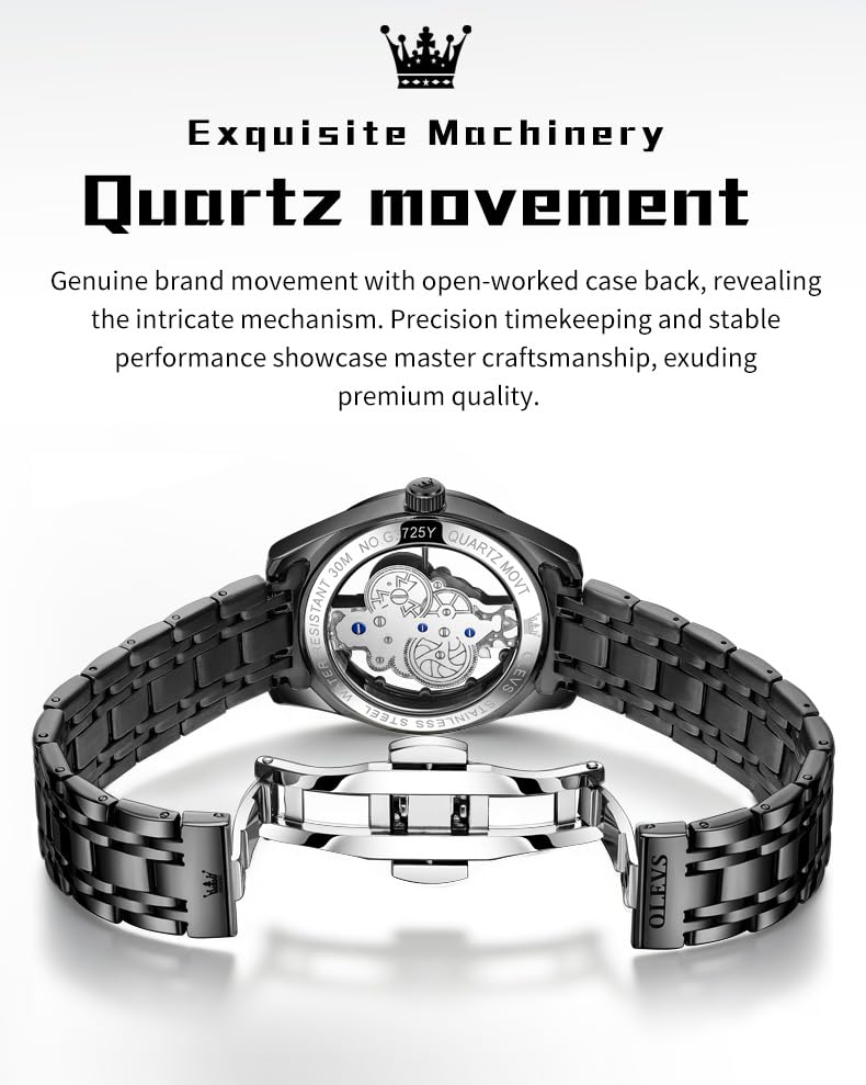 OLEVS Skeleton Analog Quartz Men’s Watch Stainless Steel Water Resistant