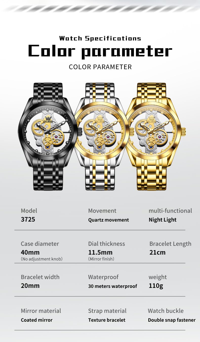 OLEVS Skeleton Analog Quartz Men’s Watch Stainless Steel Water Resistant