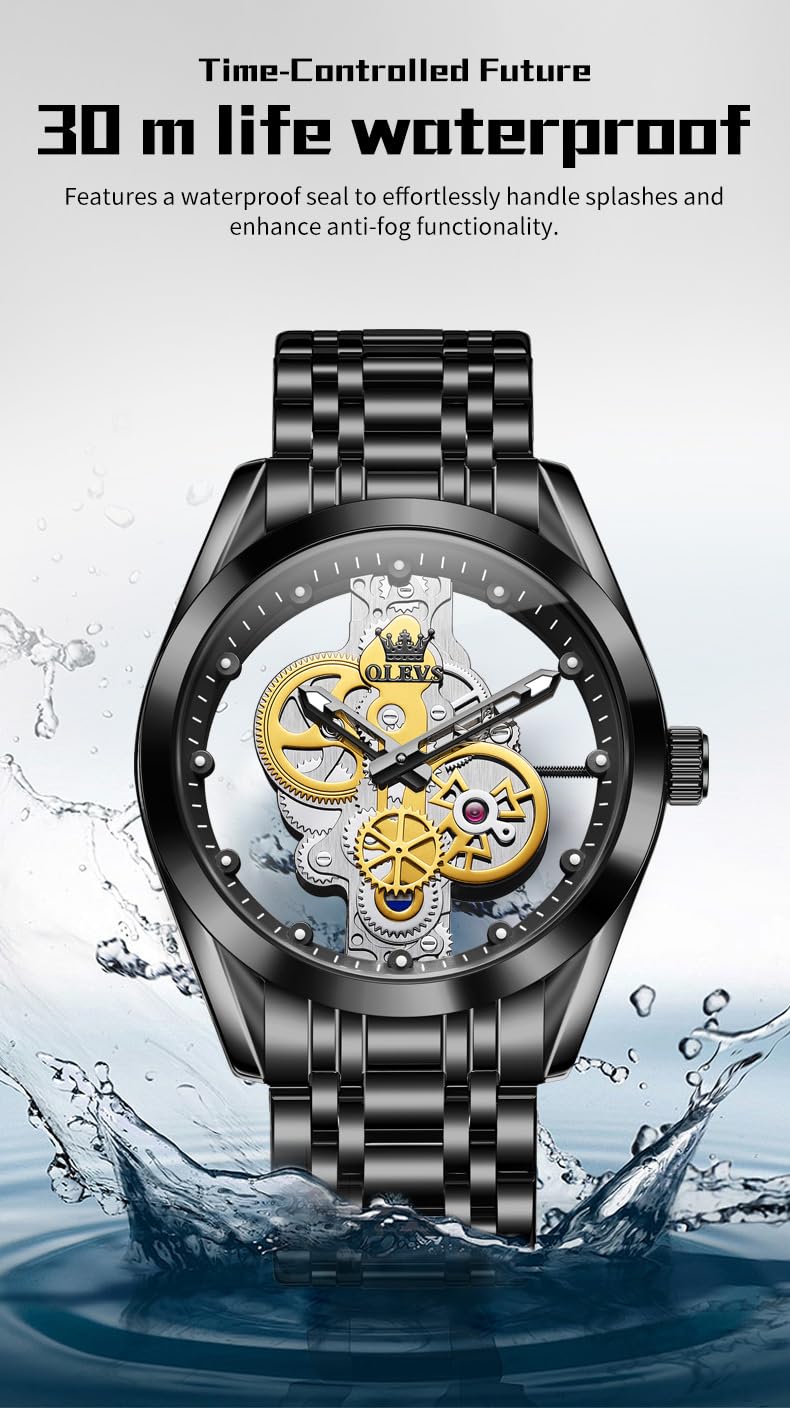 OLEVS Skeleton Analog Quartz Men’s Watch Stainless Steel Water Resistant
