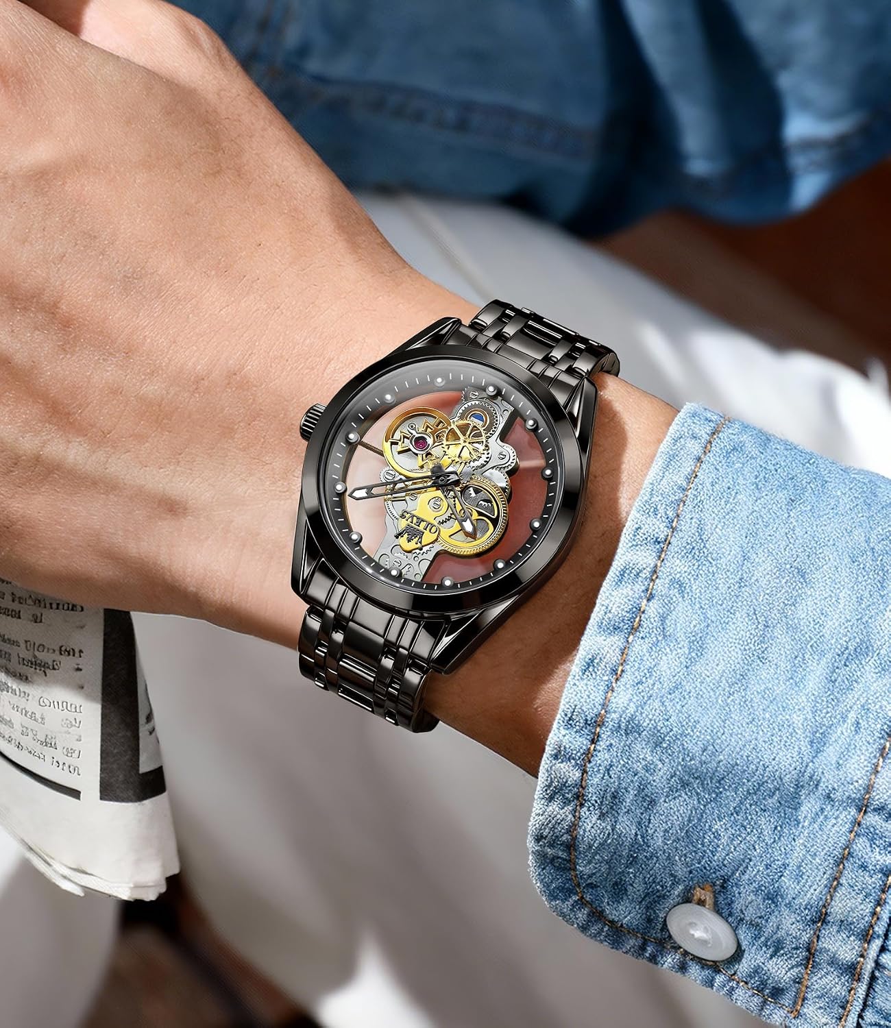 OLEVS Skeleton Analog Quartz Men’s Watch Stainless Steel Water Resistant