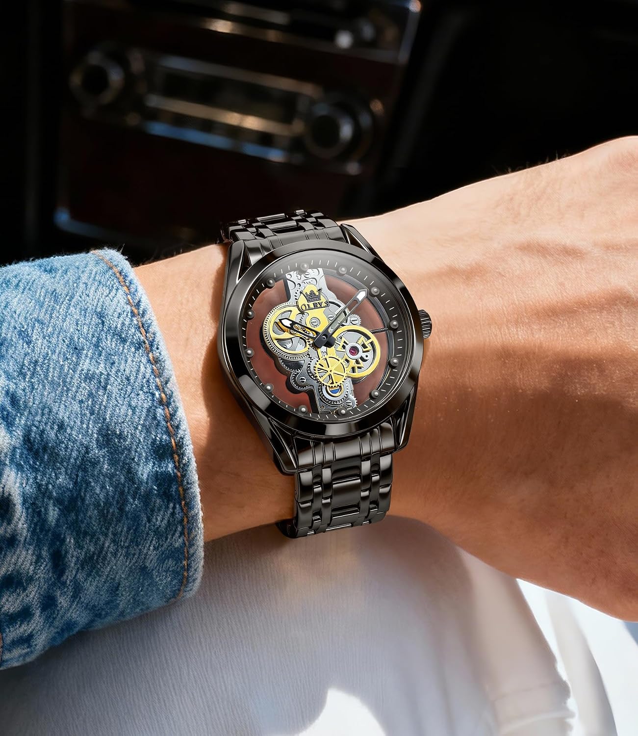 OLEVS Skeleton Analog Quartz Men’s Watch Stainless Steel Water Resistant